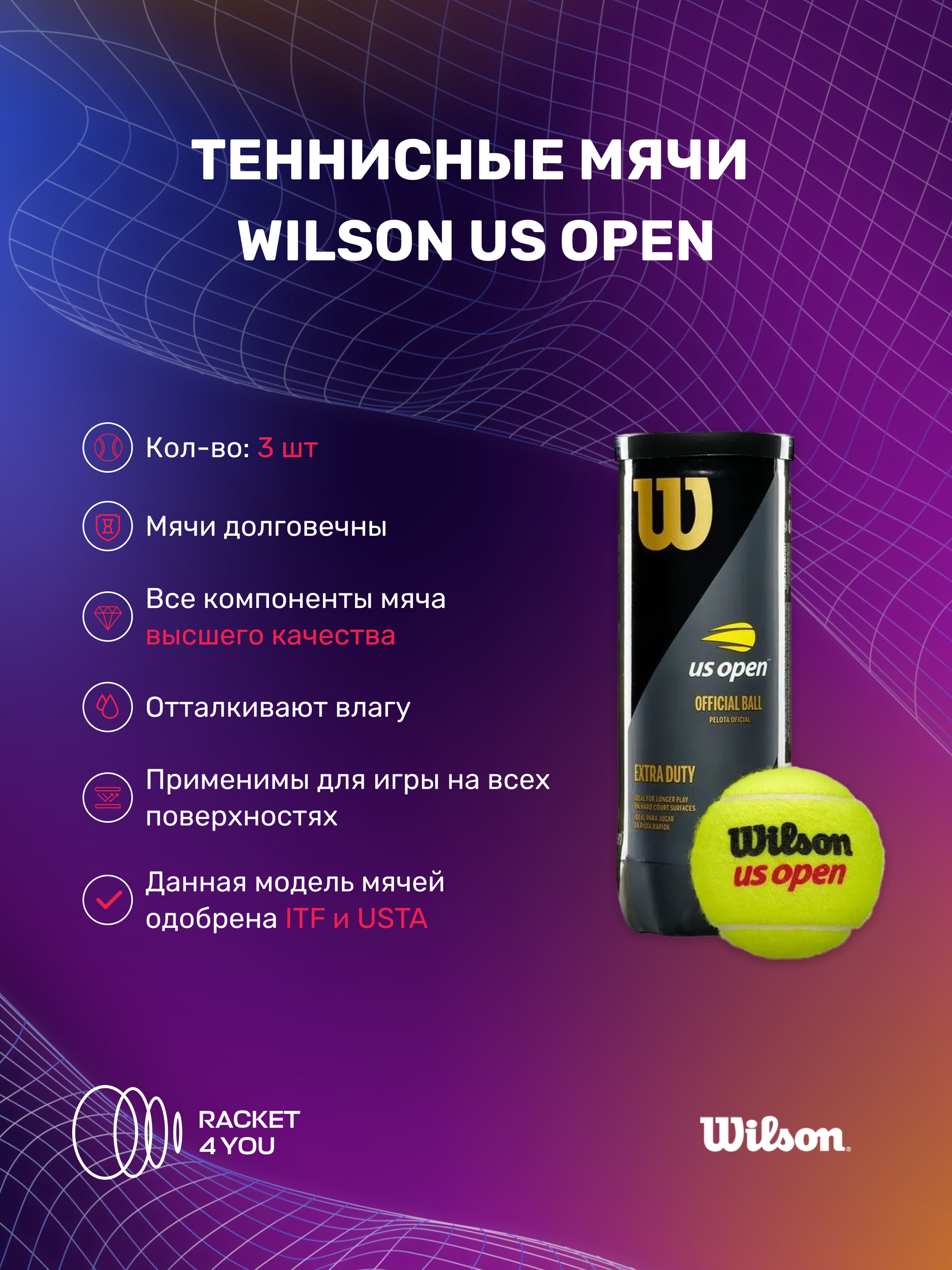 Теннисные мячи Wilson US Open - 3 шт