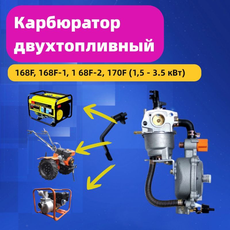 Карбюратордвухтопливныйгазовый+бензиндлябензогенераторов,мотопомпимотоблоковсдвигателями168F,168F-1,168F-2,170F(1,5-3.5кВт)