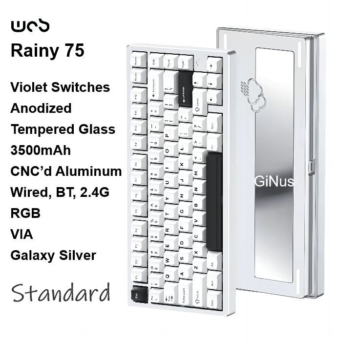 WOBИгроваяклавиатурабеспроводнаяRainy75Standard,GalaxySilver,RGB,VioletSwitches,Anodized,Английскаяраскладка,серебристый