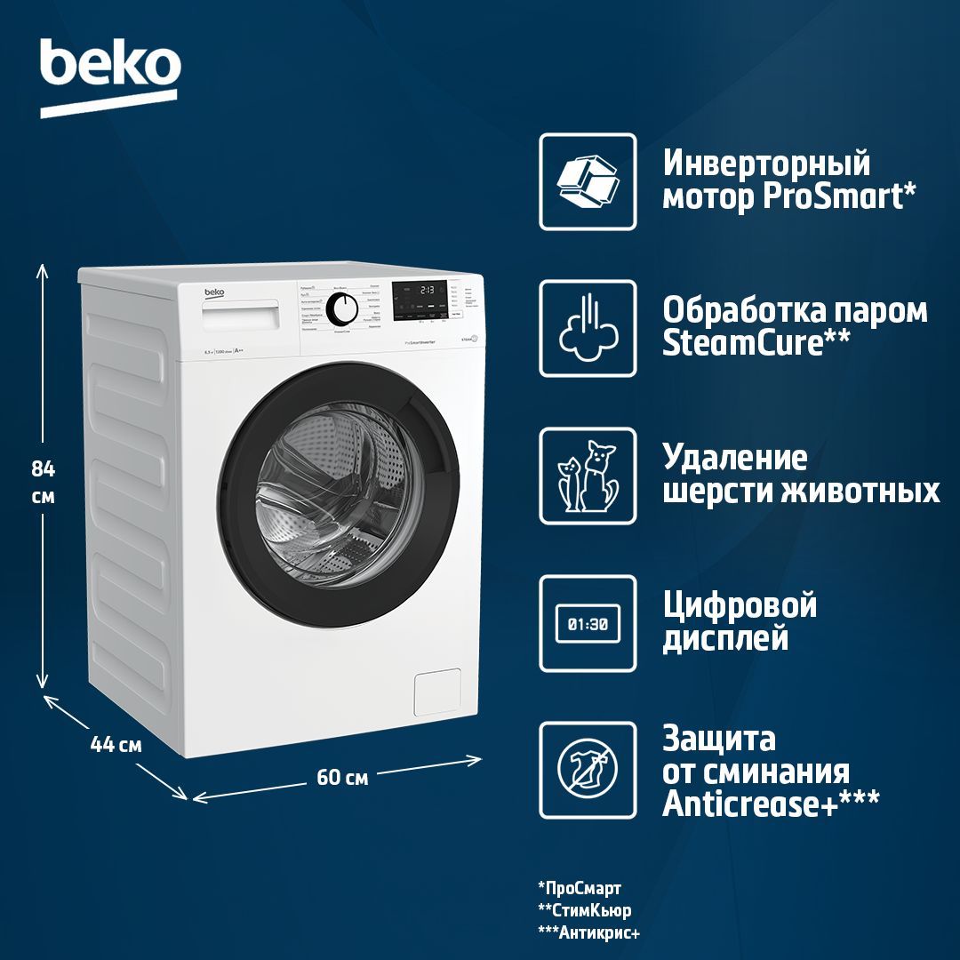 Узкая стиральная машина Beko WSRE6H612ZAWI, 6.5 кг, белый