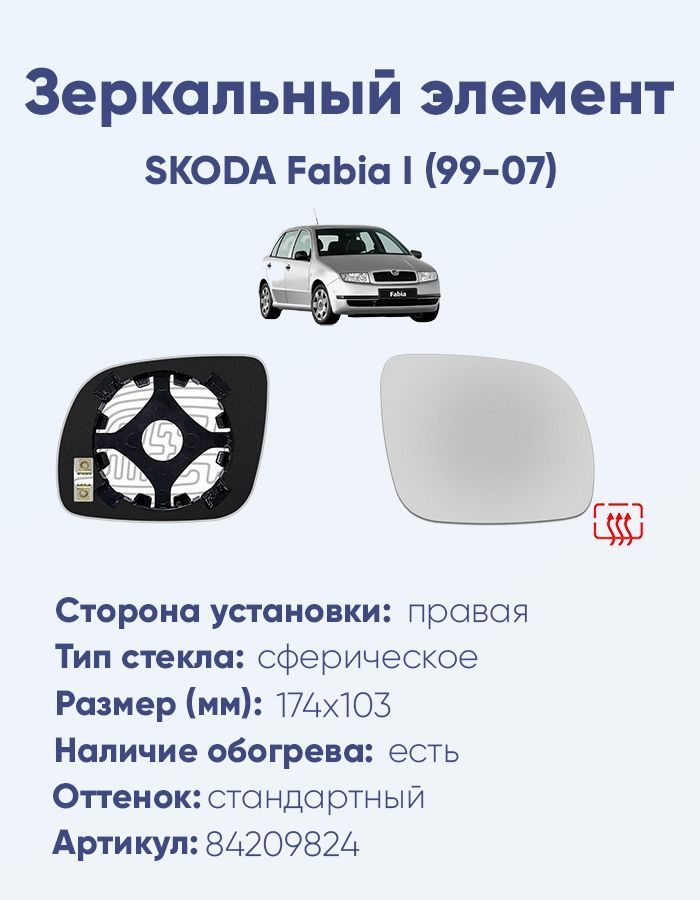 Зеркальный элемент правый SKODA Fabia I (99-07) сфера нейтральный малый с обогревом