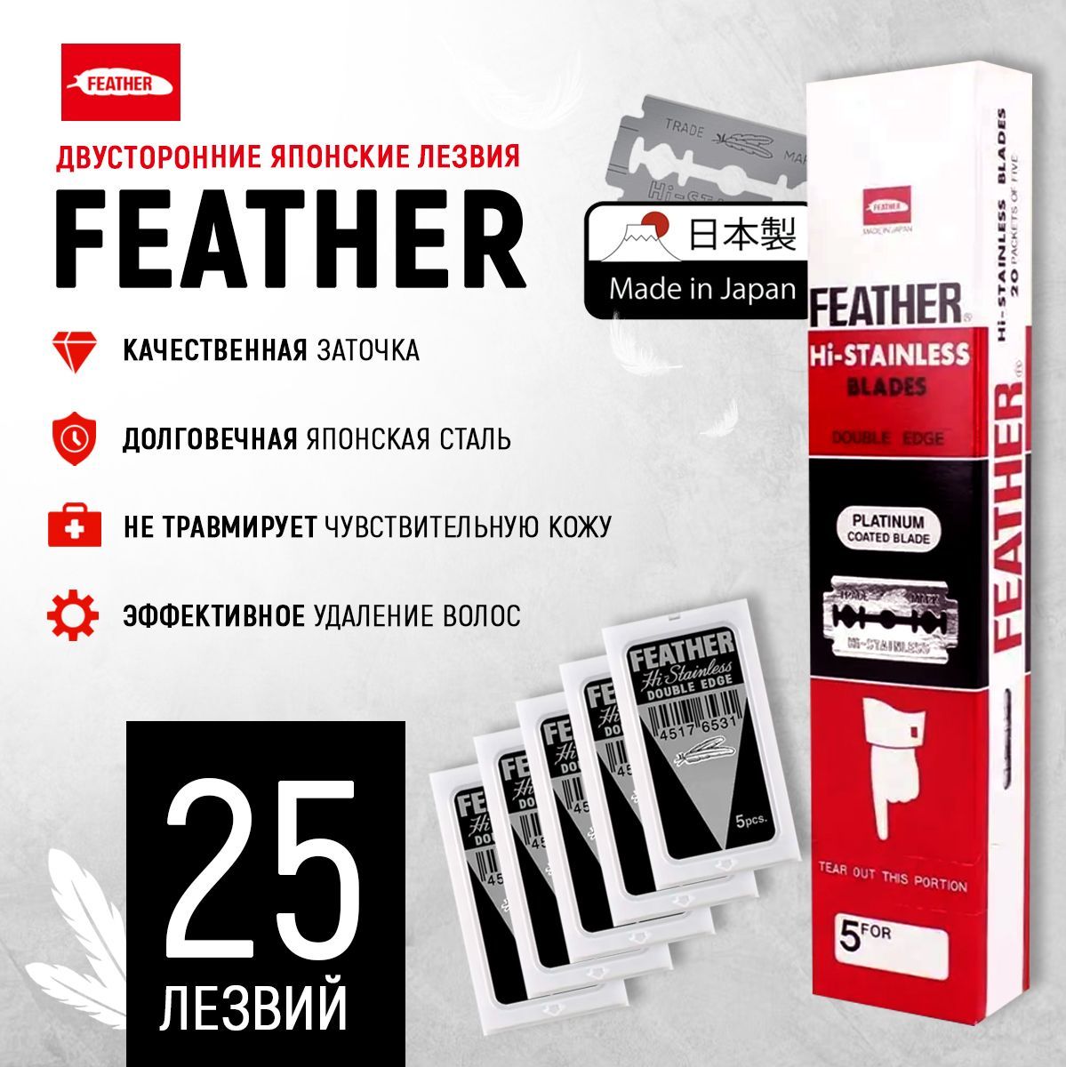 Двусторонние лезвия японские для Бритвы FEATHER "Hi-Stainless Double Edge ", в диспенсере, классические, для T-образных бритв и шаветок, 5 упаковок 25 лезвий