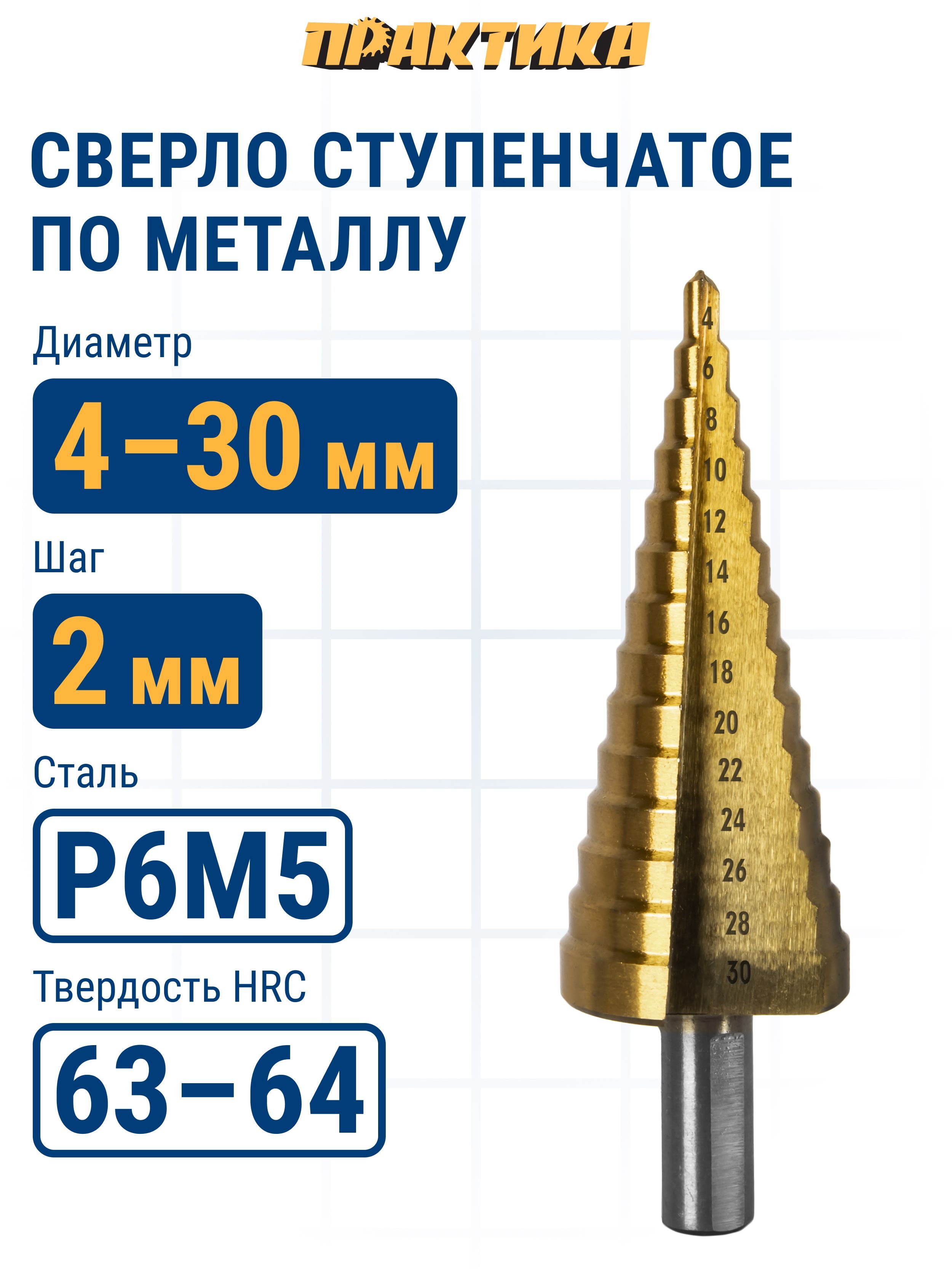 СверлопометаллуступенчатоеПРАКТИКА4-30ммшаг2ммTIN(1шт.),ПРОФИ