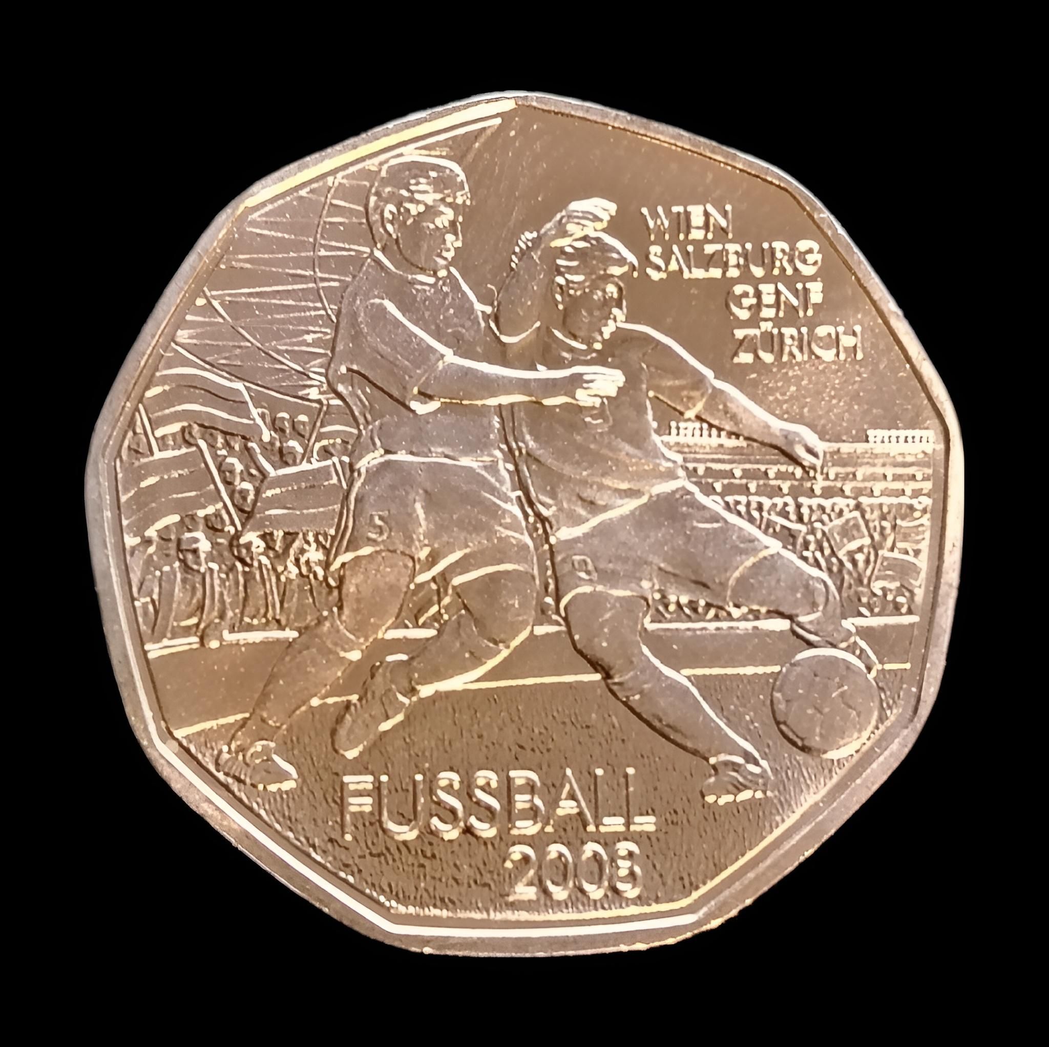 Монета 5 евро Австрия 2008 год "Чемпионат мира по футболу 2008 года. Вена, Зальцбург, Генф, Цюрих"