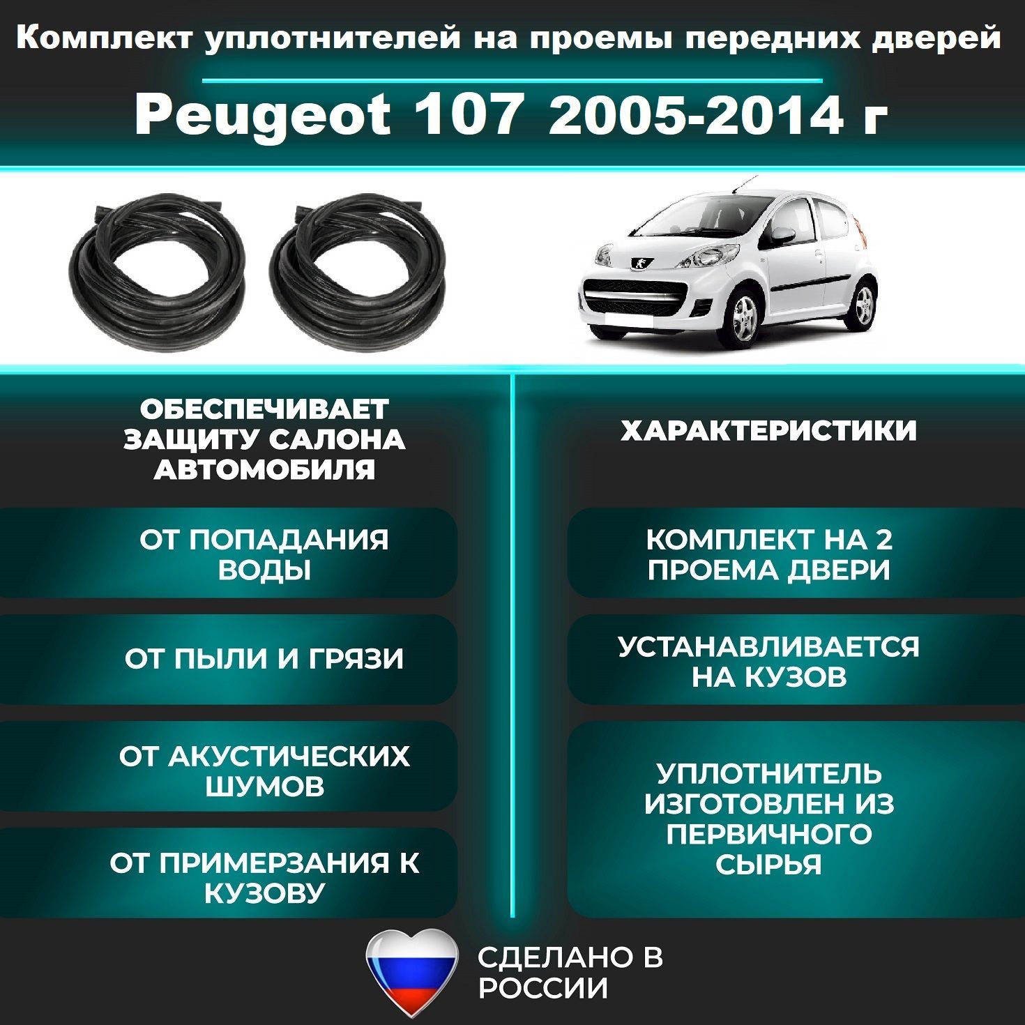 Комплект уплотнителей проема передних дверей на Peugeot 107 2005-2014 г / уплотнитель для Пежо / Пежот 107 хэтчбек