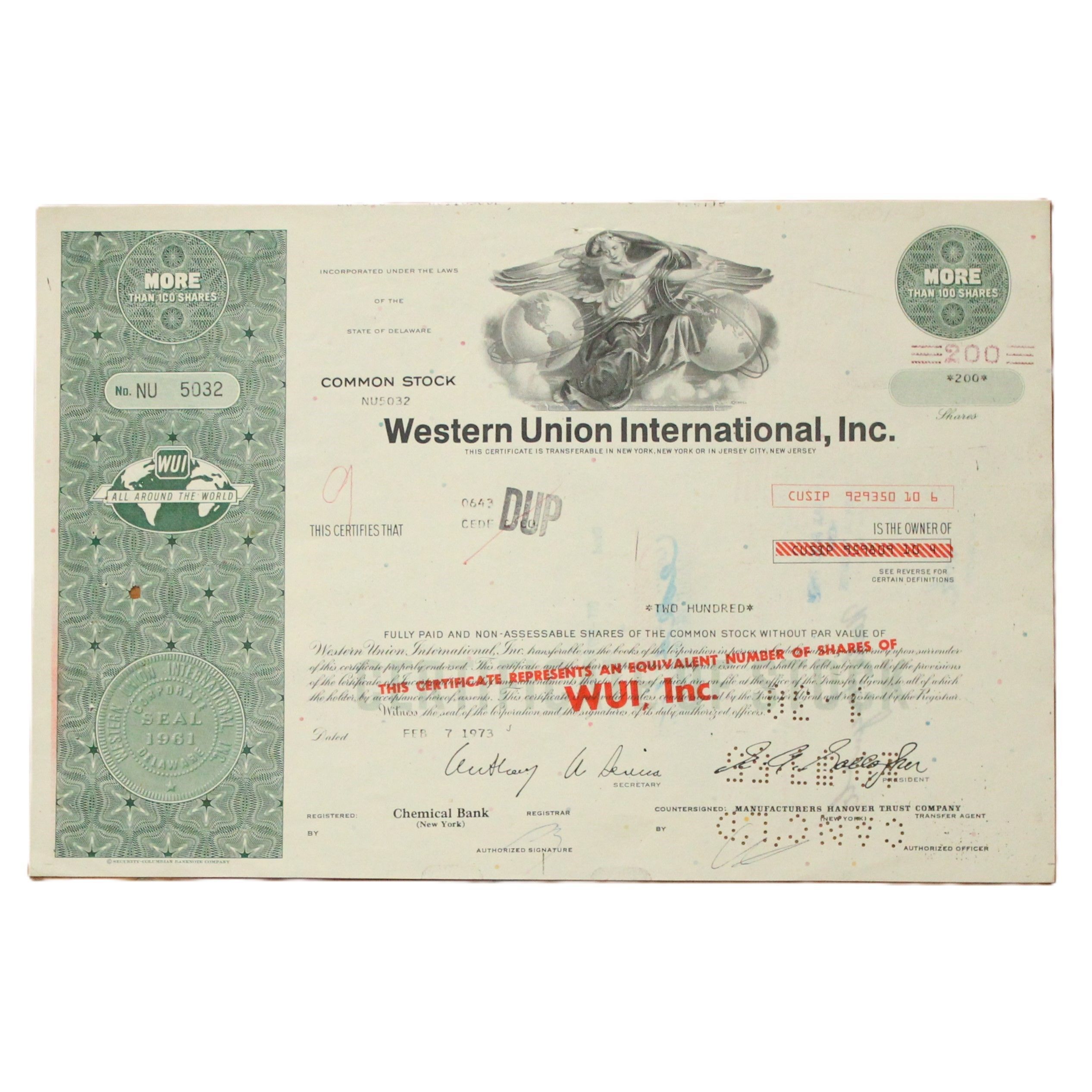 США 200 Акций WESTERN UNION INTERNATIONAL INC 1973