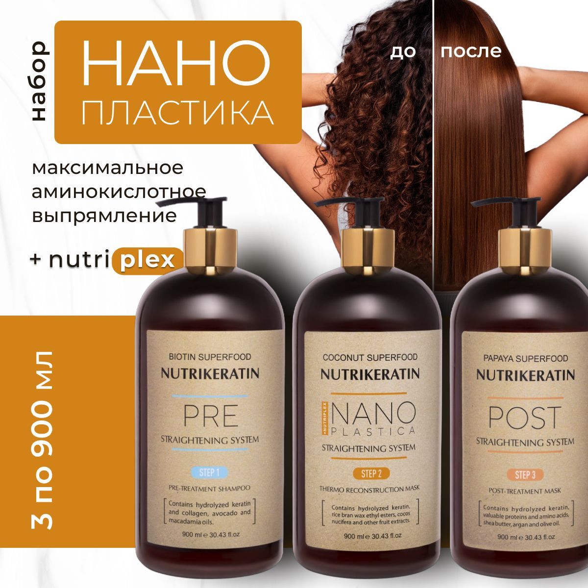 Нанопластика для волос выпрямление профессиональный набор Nutrikeratin NANOPLASTICA, 3 по 900 мл