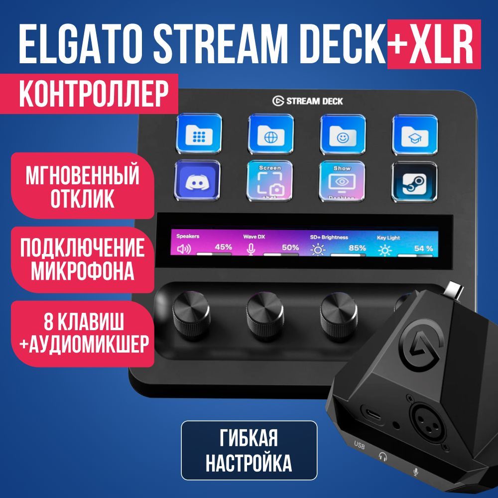 КонтроллердлястримингаElgatoStreamDeck+XLRчерный/Программируемые8клавиш,Английскаяраскладка,удобнаяподставка/Панельдлястриминга,записьмакросов