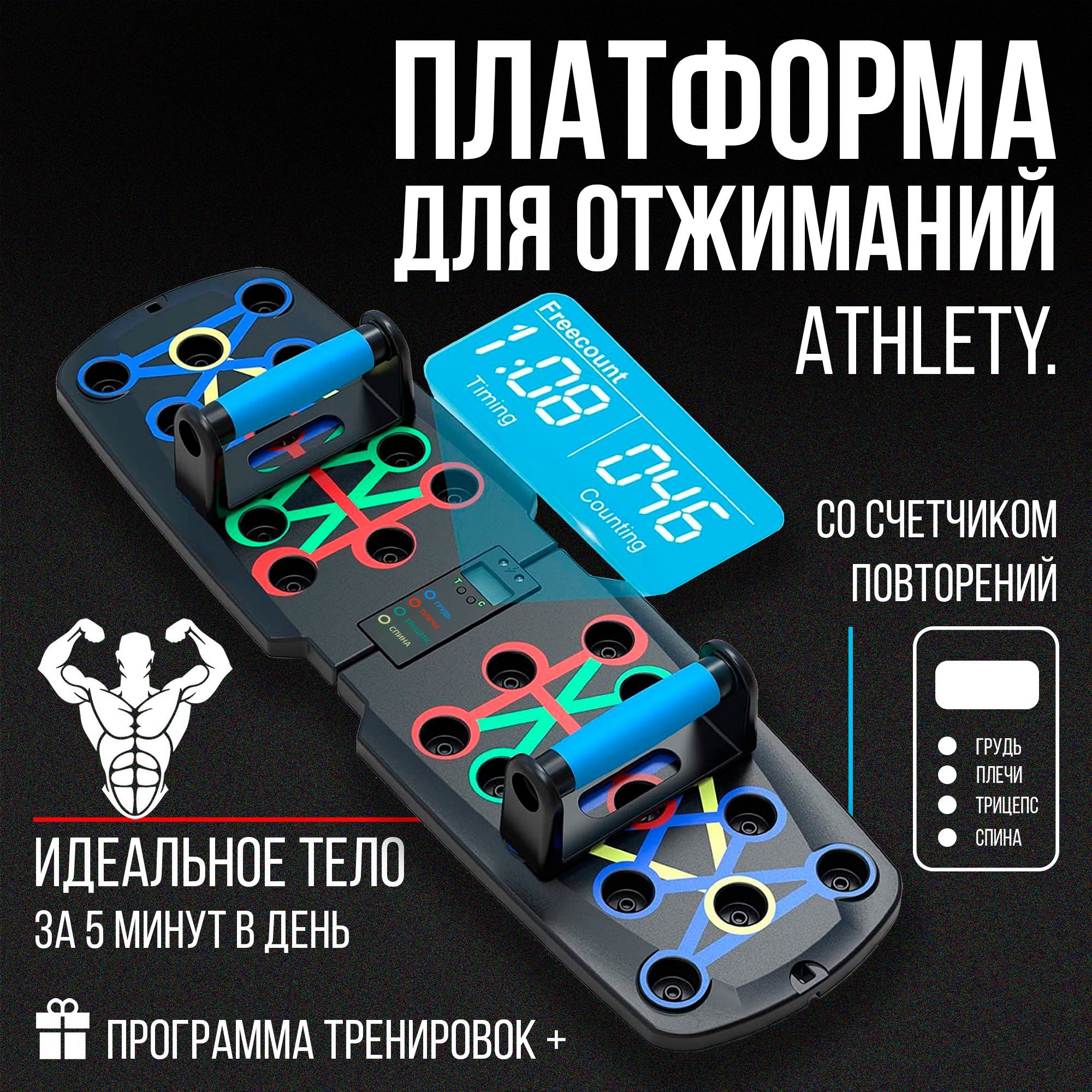 УпорыдляотжиманийATHLETYсосчетчиком,доска/платформадляотжиманийсупорами,домашнийтренажер,пресса,рукипохудения