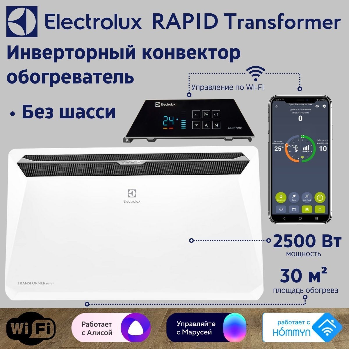 ИнверторныйконвекторElectroluxRapidTransformerсблокомуправленияECH/R-2500T-TUI4сWI-FI,10ступенеймощностибезшасси