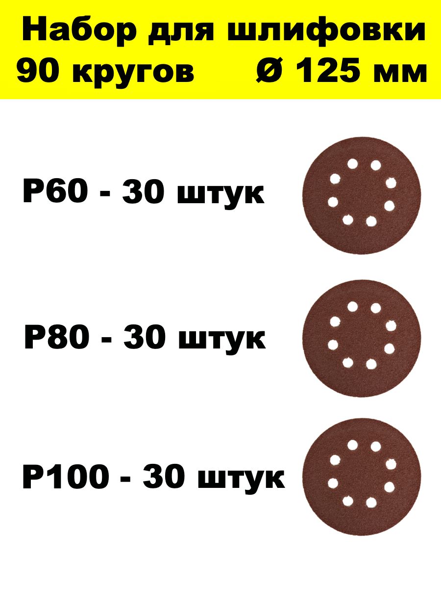 Кругишлифовальныесдырками125мм90штукнабориз3зернистостейР60,Р80,Р100