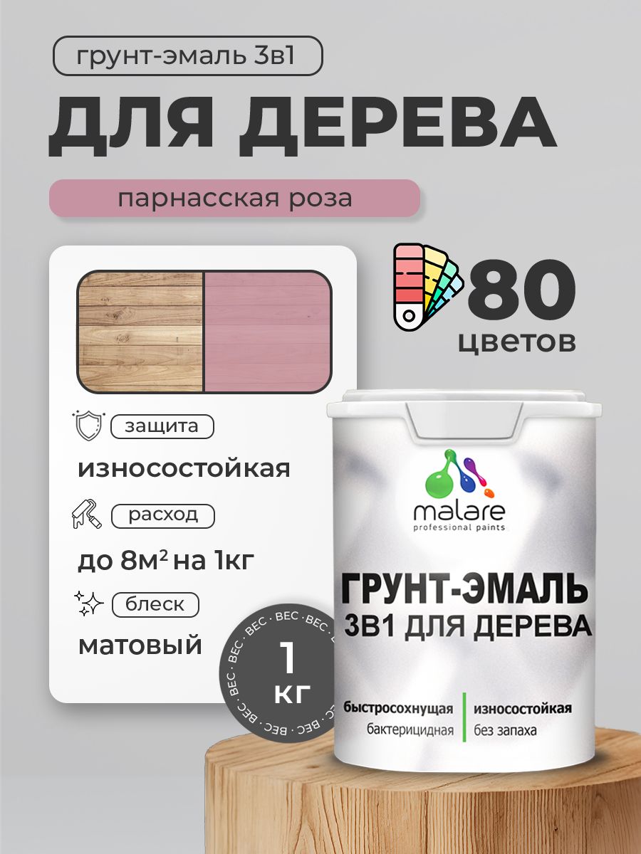 Акриловая Грунт-Эмаль 3 в 1 Malare для деревянных поверхностей с антисептическим эффектом, быстросохнущая, моющаяся без запаха матовая, парнасская роза, 1 кг