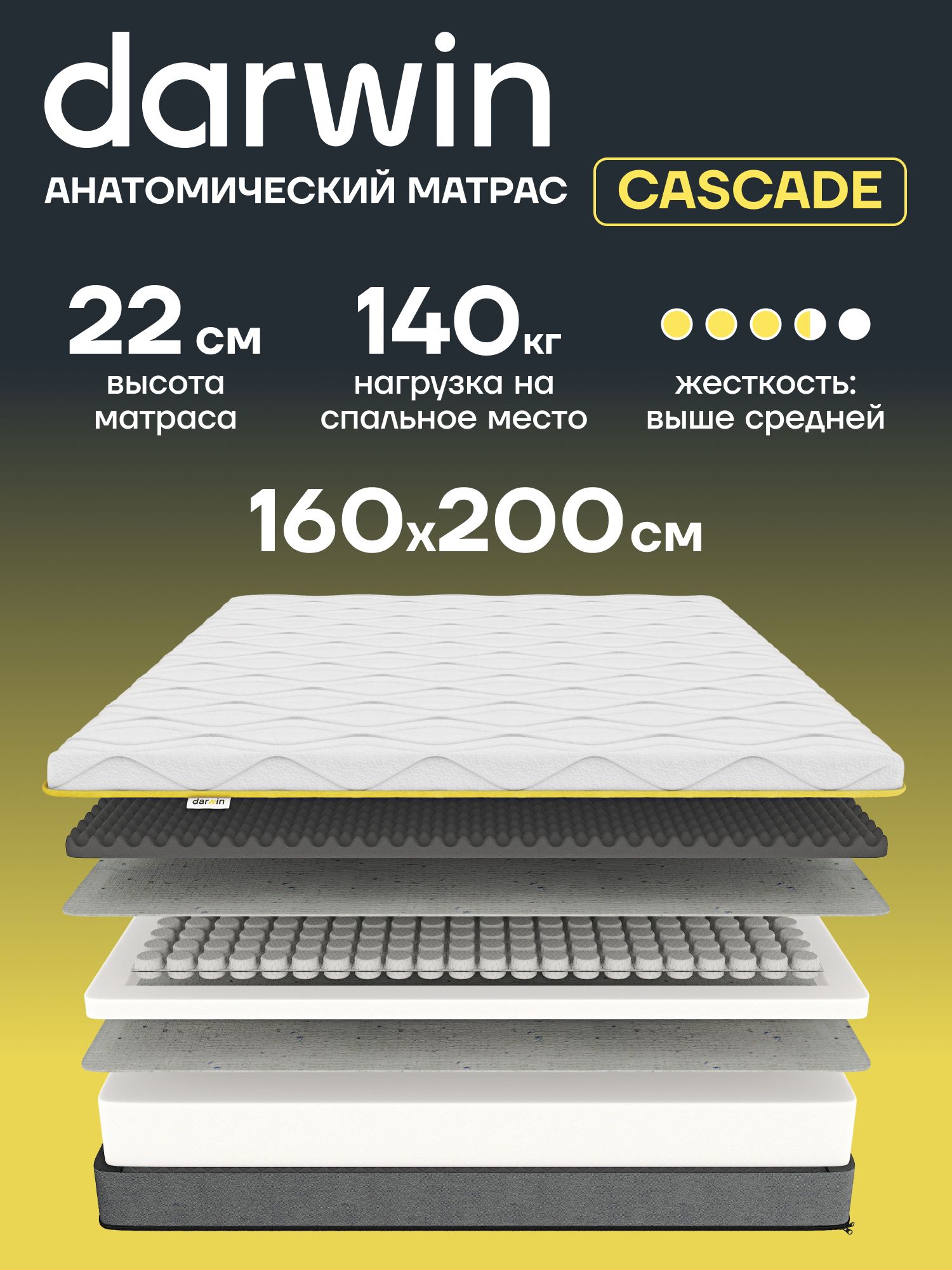 ПружинныйматрасDarwinCascade160x200,независимыепружины,высота22см,1шт,белый