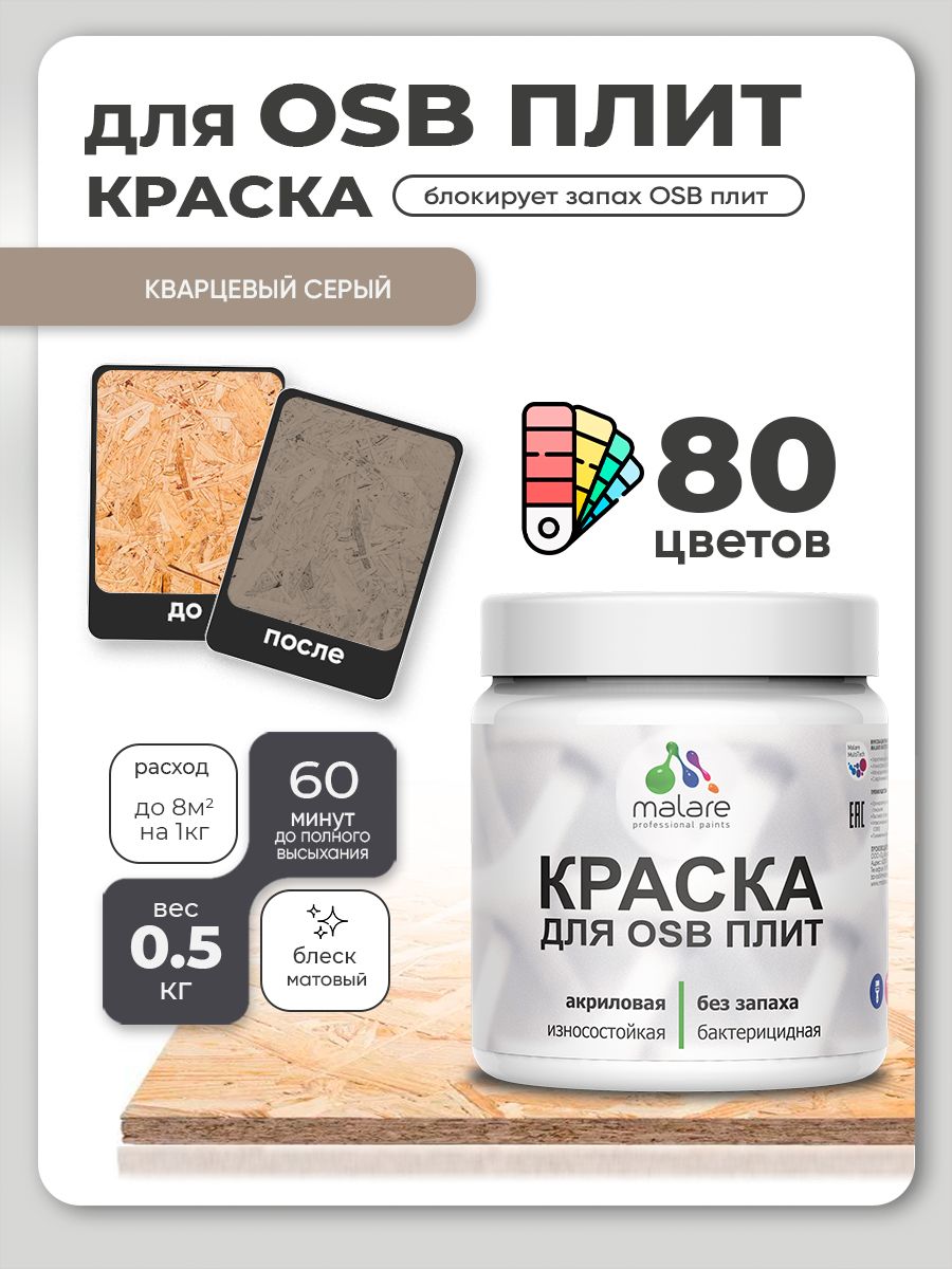 Акриловая краска для ОСБ плит Malare для дерева для наружных и внутренних работ, быстросохнущая без запаха матовая, кварцевый серый, 0.5 кг