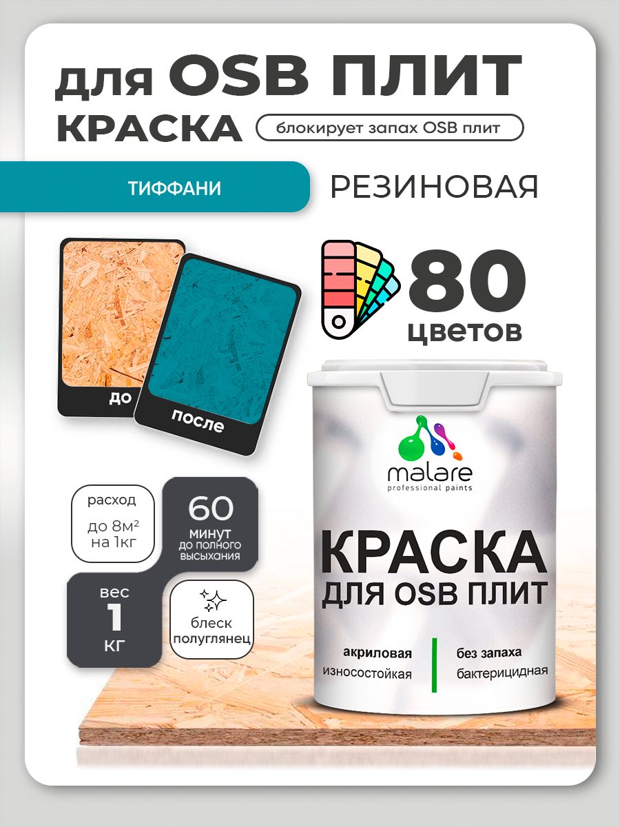 Резиновая краска для ОСБ плит Malare акриловая краска для дерева для наружных и внутренних работ, быстросохнущая без запаха полуглянцевая, тиффани, 1 кг