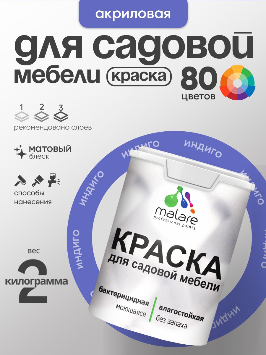 Акриловая краска Malare для садовой мебели/ по дереву, для наружных и внутренних работ/ быстросохнущая моющаяся без запаха матовая, индиго, 2 кг