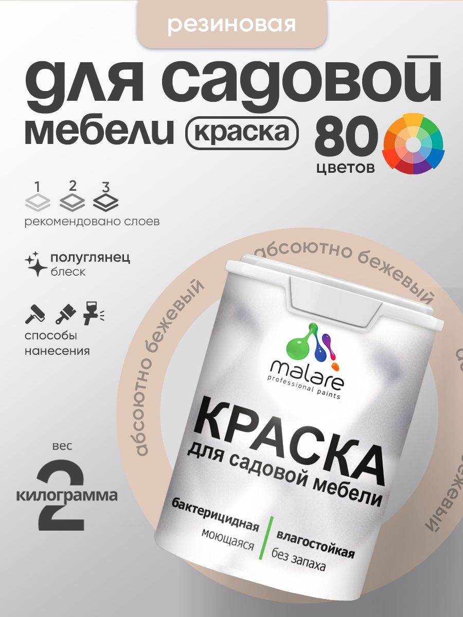 Резиновая краска Malare для садовой мебели/ по дереву, для наружных и внутренних работ/ быстросохнущая моющаяся без запаха полуглянцевая, абсолютный бежевый, 2 кг
