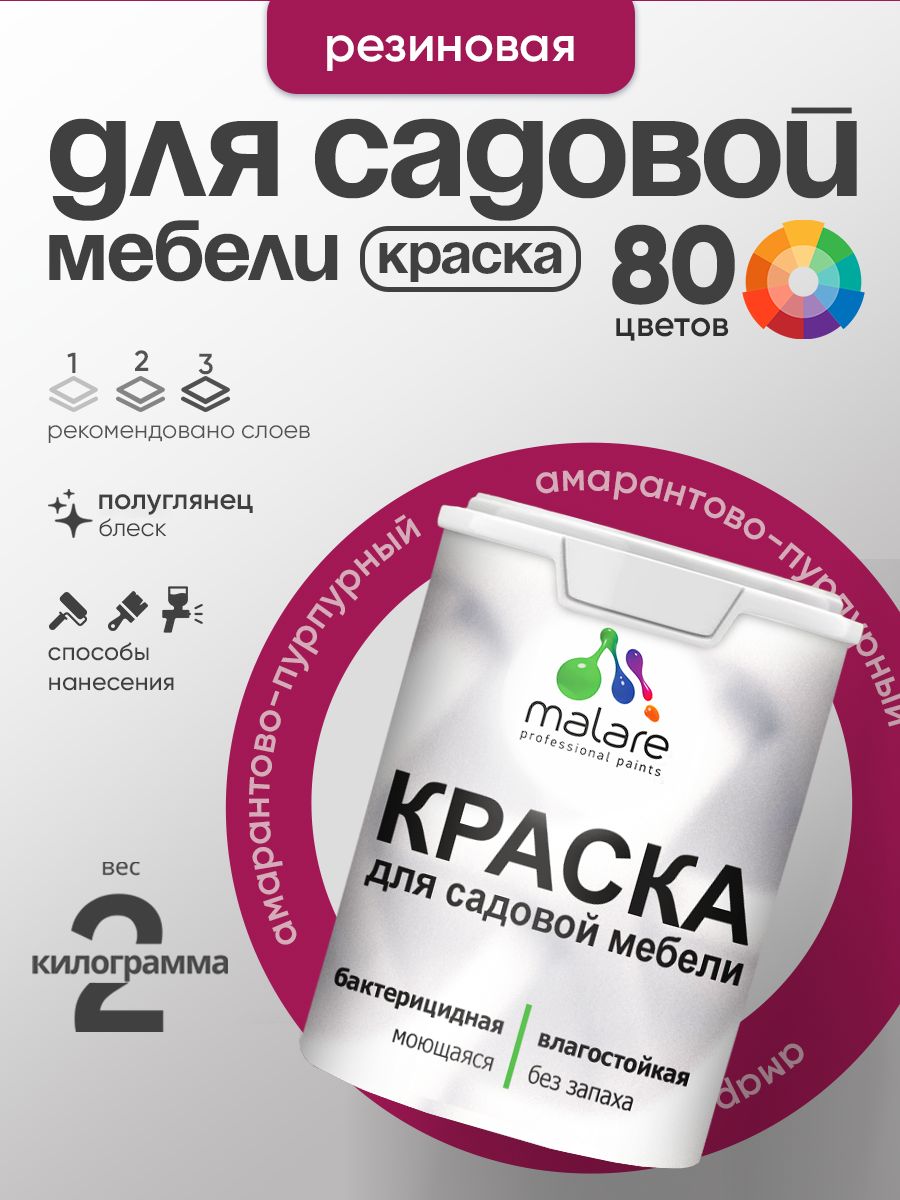 Резиновая краска Malare для садовой мебели/ по дереву, для наружных и внутренних работ/ быстросохнущая моющаяся без запаха полуглянцевая, амарантово-пурпурный, 2 кг