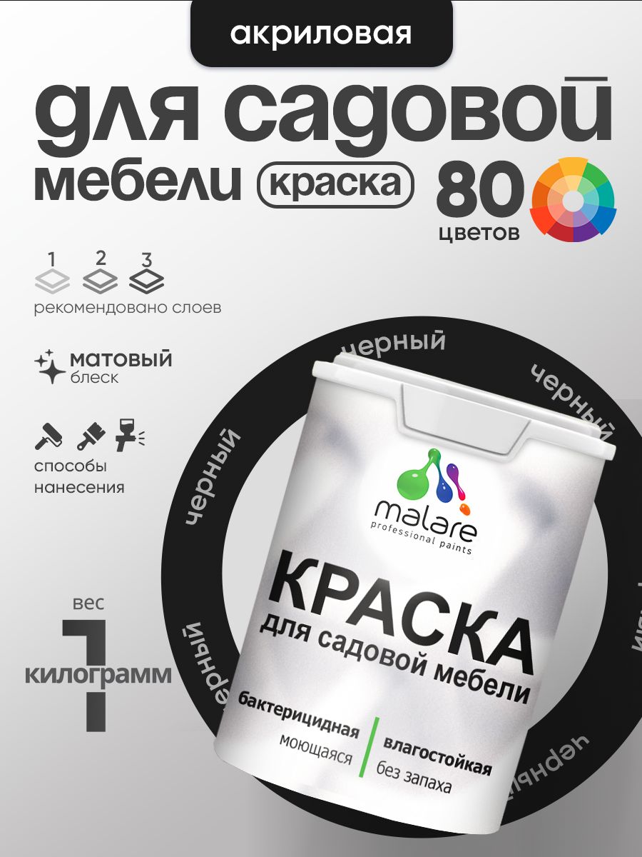 Акриловая краска Malare для садовой мебели/ по дереву, для наружных и внутренних работ/ быстросохнущая моющаяся без запаха матовая, черный, 1 кг