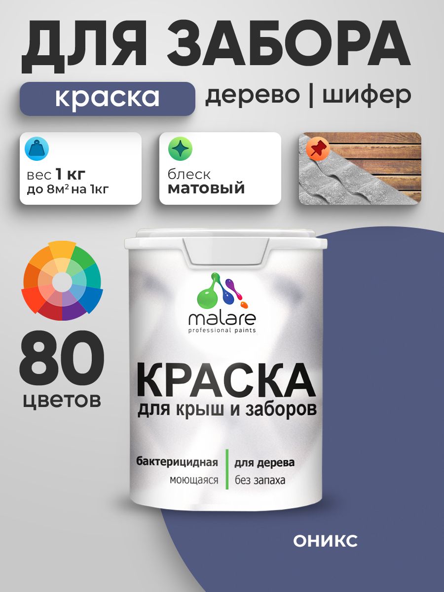 Акриловая краска Malare для деревянного забора/ по дереву для наружных и внутренних работ/ быстросохнущая моющаяся без запаха, матовая, оникс, 1 кг.