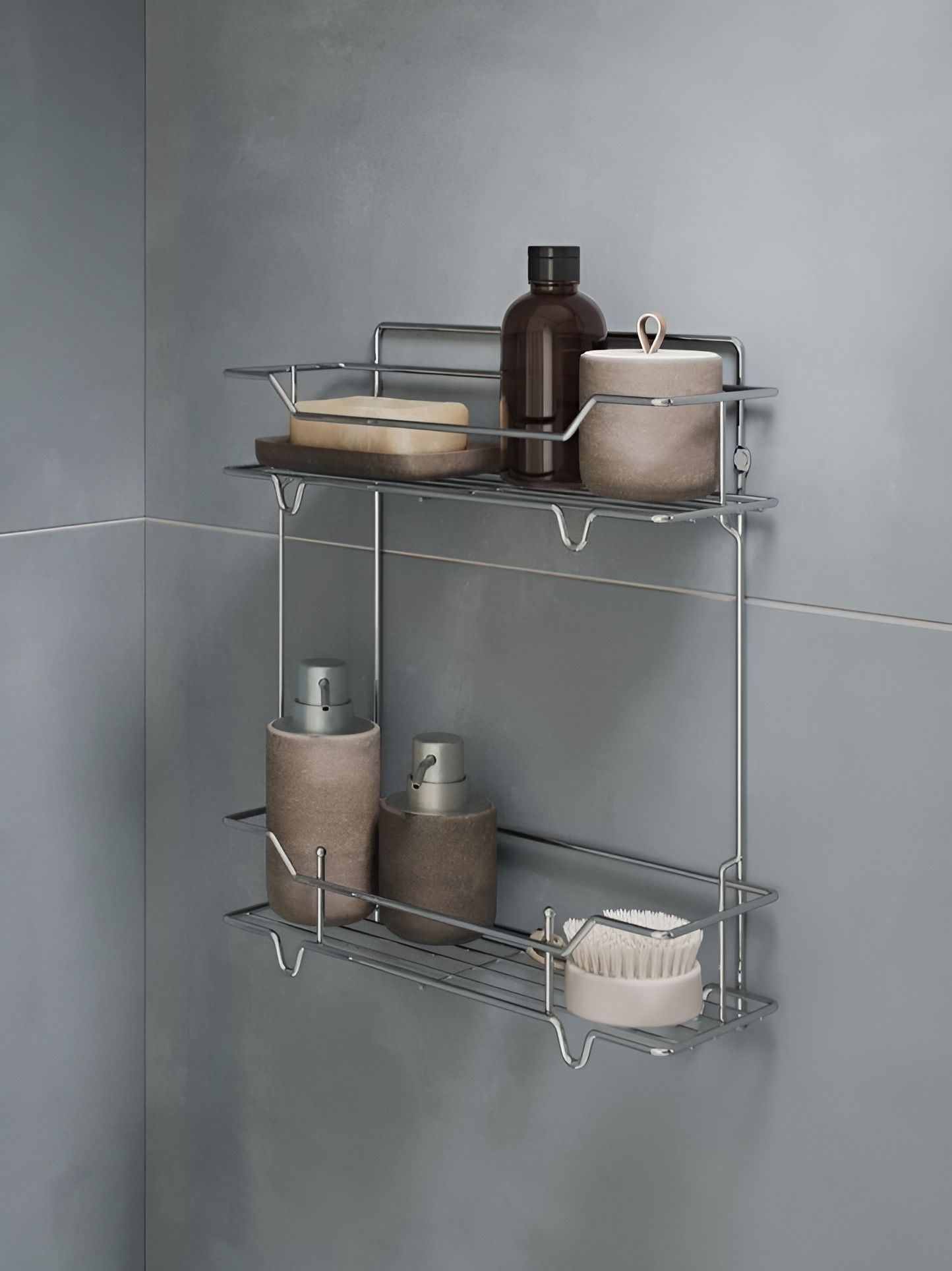 Фото товара на маркетплейсе ozon Полка для ванной настенная, двухъярусная, прямая, стальная, хром, Milardo, Grid, GRICS2CM44