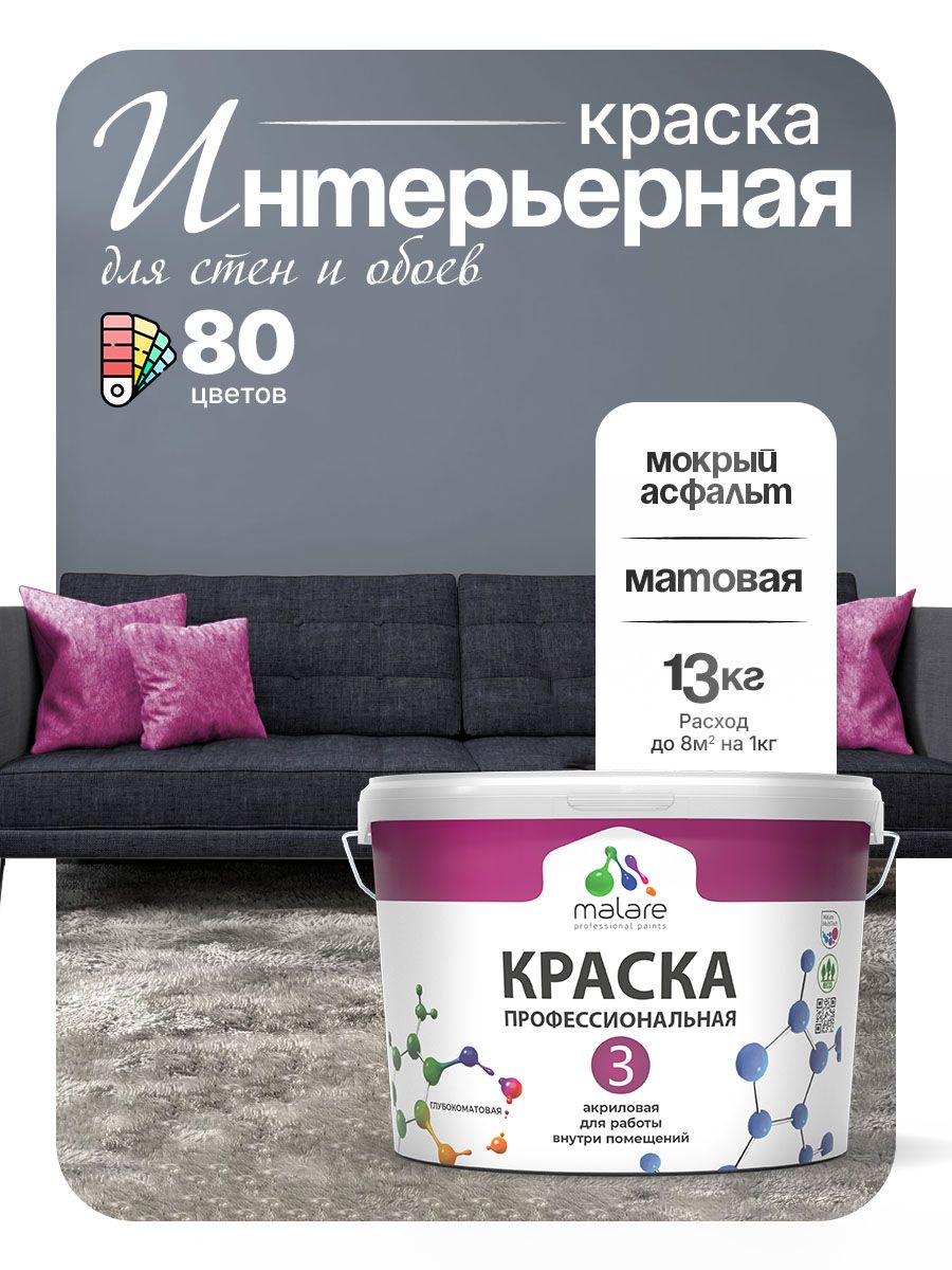 Краска Malare Professional Euro №3 интерьерная для стен и обоев, для потолка, акриловая, быстросохнущая, без запаха, матовая, мокрый асфальт, (9л - 13кг)