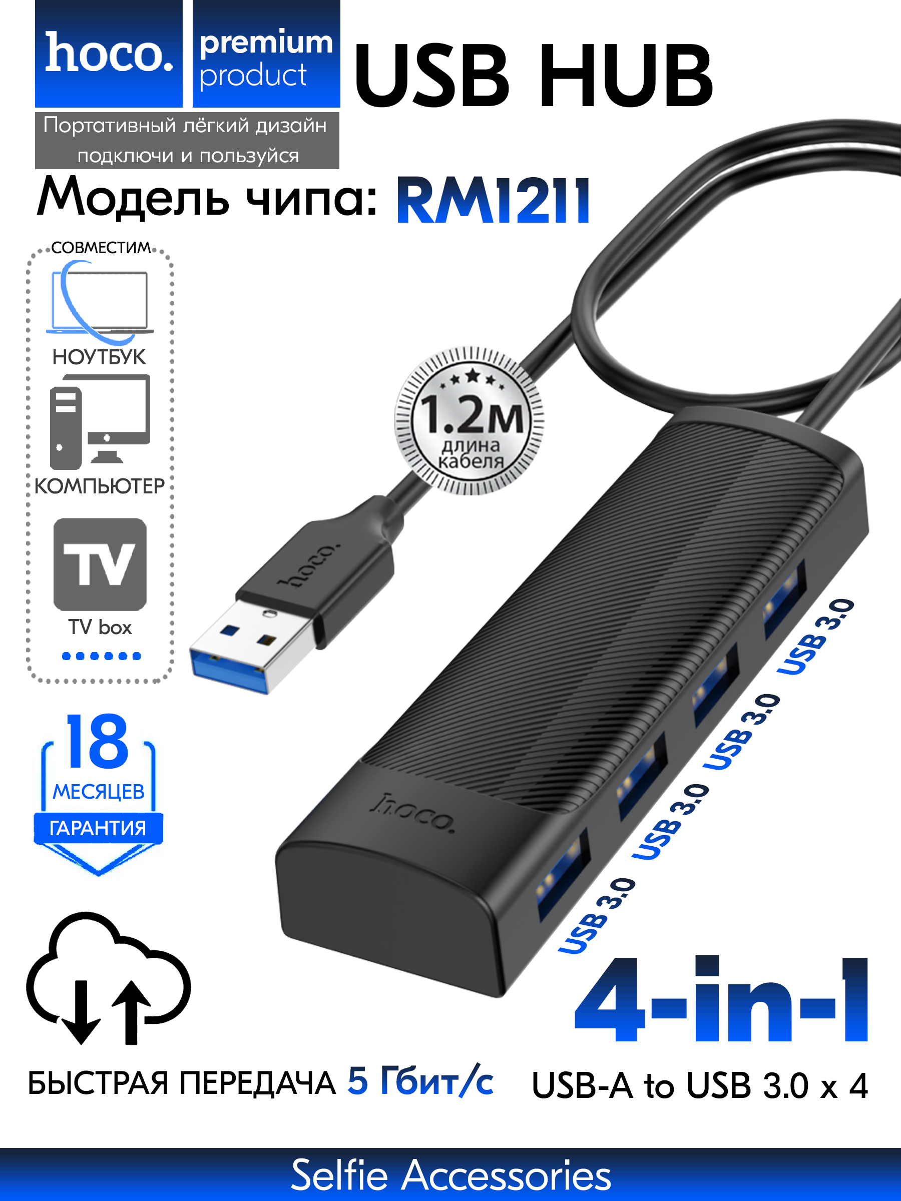 hocoHB41USBhub,usbконцентратор,разветвительдлякомпьютера,ноутбукана4порта,интерфейс4xUSB3.0,кабель1,2мчерный