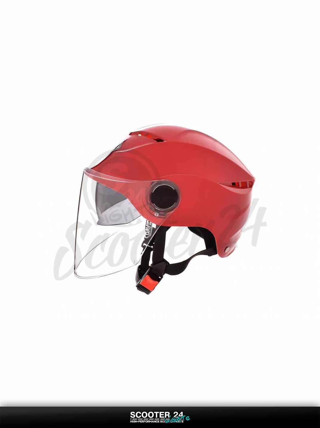 Мотошлем открытый ( вело/самокат) "DAVID" (#S327, красный глянцевый, регулятор размера, очки, на мотоцикл / мопед и скутер