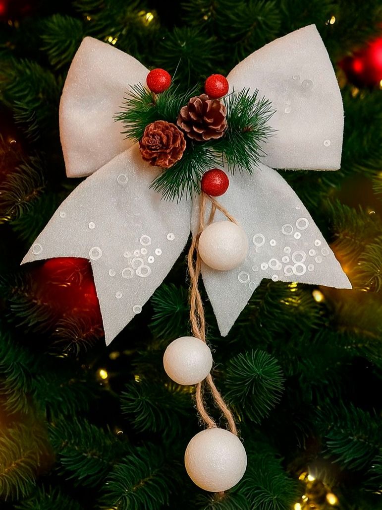 Новогоднее украшение, елочная игрушка Бантик белый, 20 см