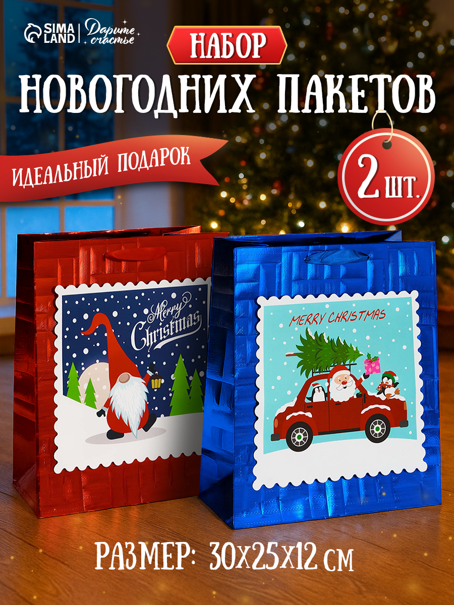 Пакеты новогодние подарочные, набор 2 шт, 25,4 х 30,5 х 12,7 см