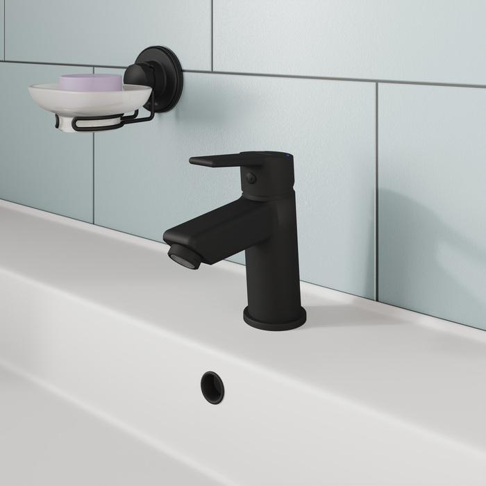 Фото товара на маркетплейсе ozon Смеситель для раковины, черный матовый, латунь, Milardo, Stripe, STRBL00M01