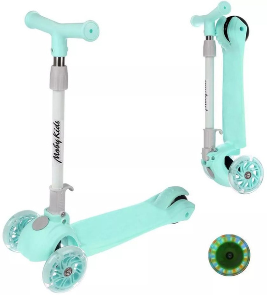 Трехколесный складной самокат Moby Kids Fly 120 PU со светом мятный ...