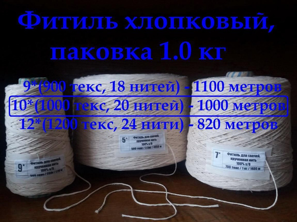 Фитиль для свечей хлопковый, крученый 9*-12* (18-24 нитей / 900 ...