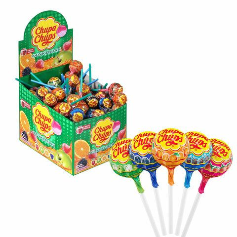 100 шт., Карамель CHUPA CHUPS (Чупа-Чупс) фруктовая с соком + кола, 12 ...