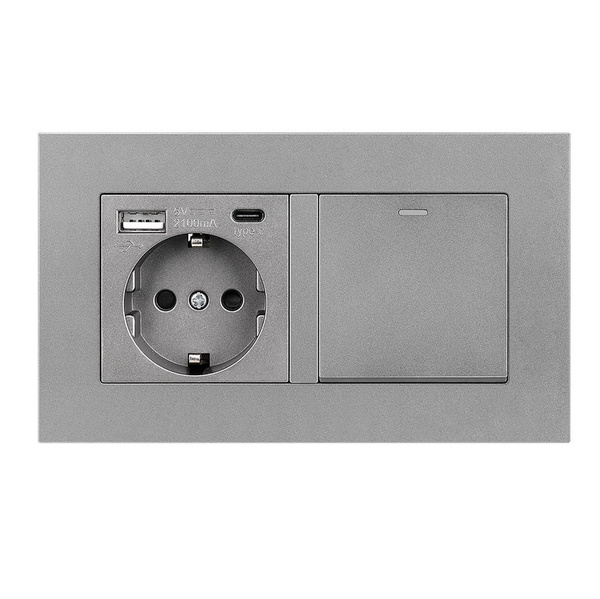 Выключатель механический с розеткой, 1 розетки 2 USB ( Type-C и Type-A ...