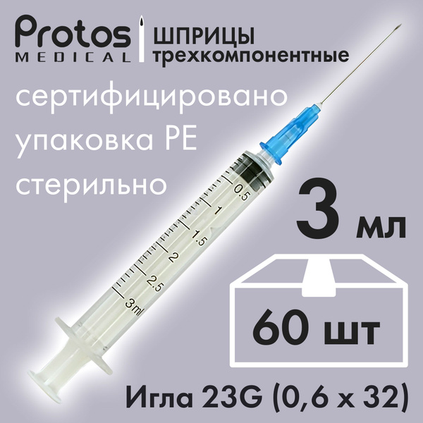 Характеристики Шприц 3 мл 60 шт, медицинский стерильный, Luer slip ...