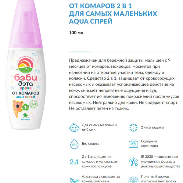 Детский спрей БЭБИ-ДЭТА АКВА - Кроха от комаров для детей от 1 года ...