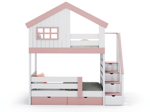 АРТЭ Двухъярусная кровать домик Корона 5 90х200 см белая фасады розовые ...