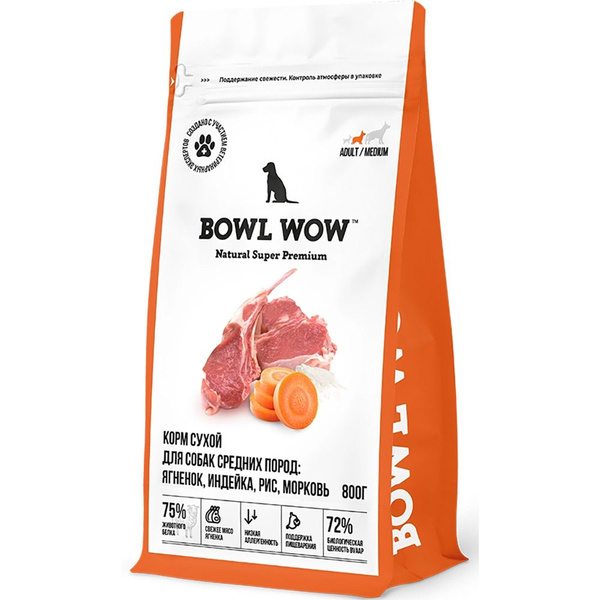 Bowl Wow корм для собак средних пород, с ягненком, индейкой, рисом и ...