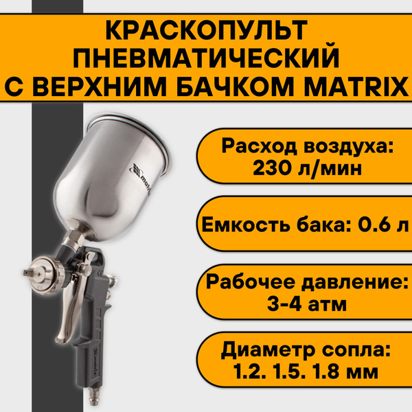 Краскопульт пневматический с верхним бачком, 1,2-1.8 мм, V-0,6л. Matrix ...