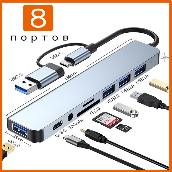 USB-концентратор на 8 портов: USB, Type-C, Ethernet, microSD, SD ...