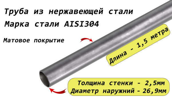 Труба круглая 26,9х2,5мм (3/4 дюйма) из нержавеющей стали AISI304 - 1,5 ...