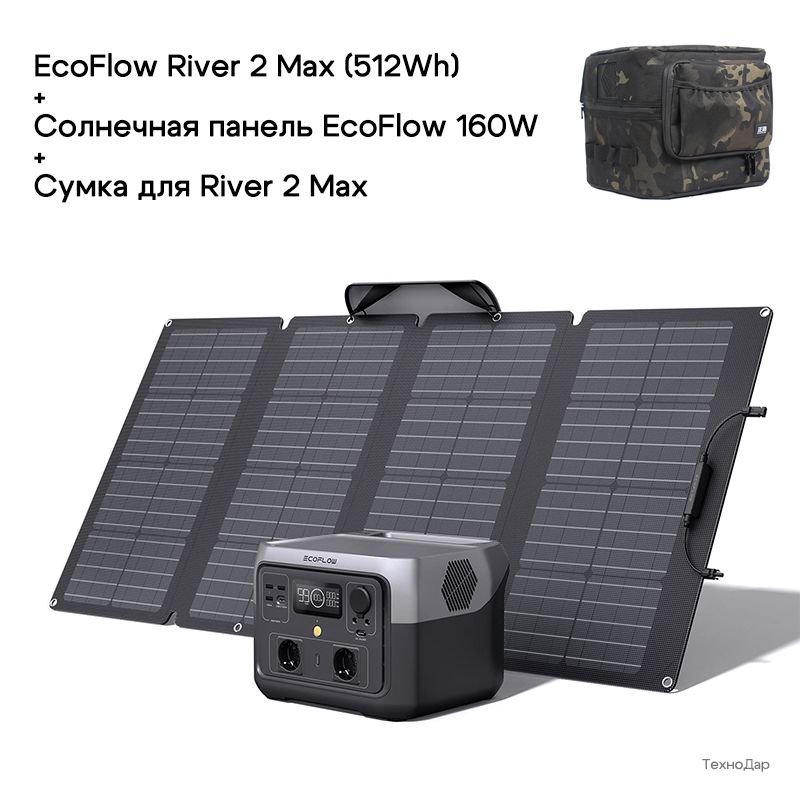 EcoFlowПортативнаязаряднаястанцияRiver2Max+Солнечнаяпанель160W+Сумка,черно-серый