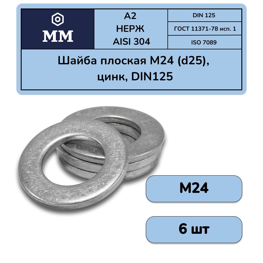 Шайба плоская М24 (d25), цинк, DIN125 - 6 шт.