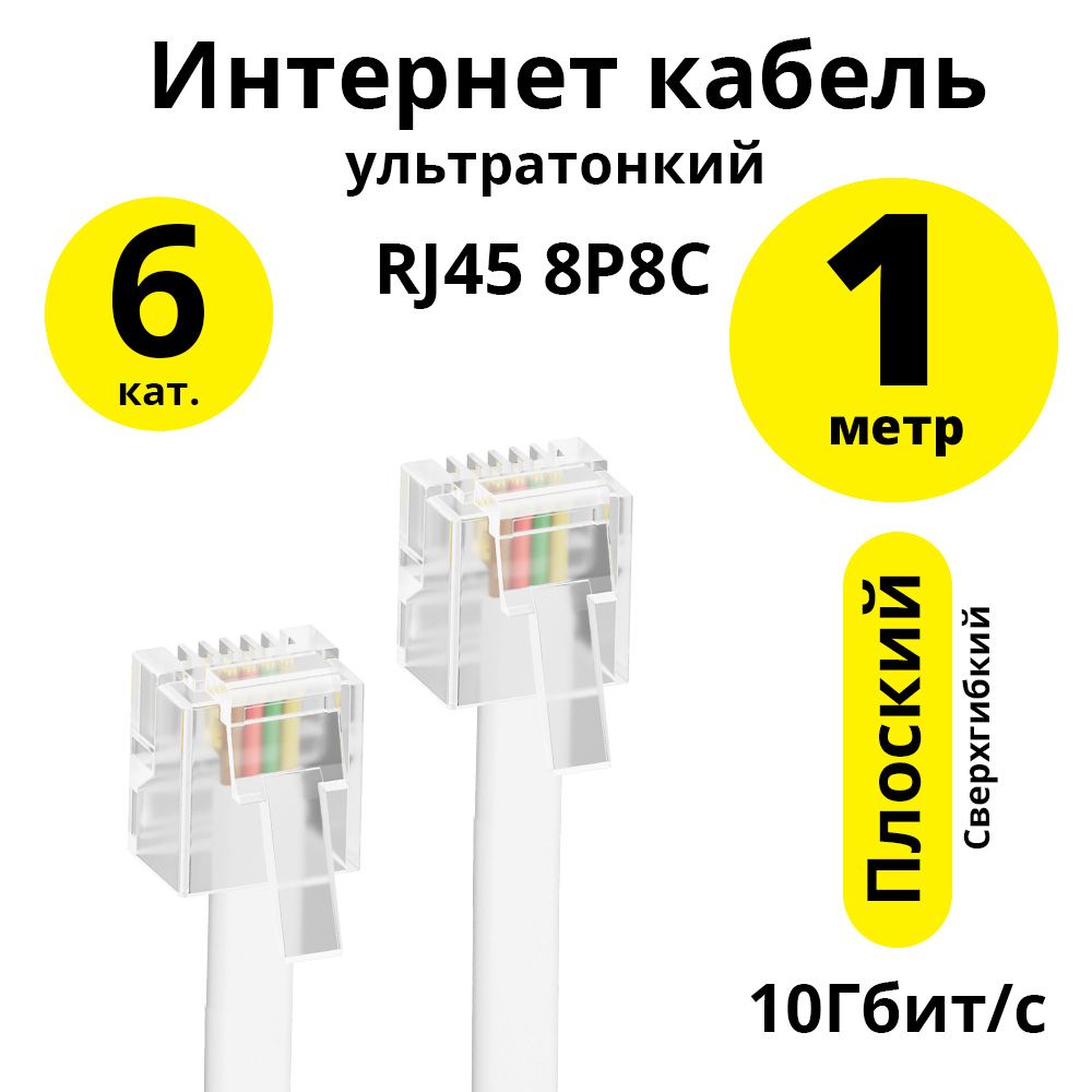 Патч-кордRJ-451метрELS6кат.прямойUTPethernethighspeed10Гбит/сбелыйкабельдляподключениякигровойприставкеплоский