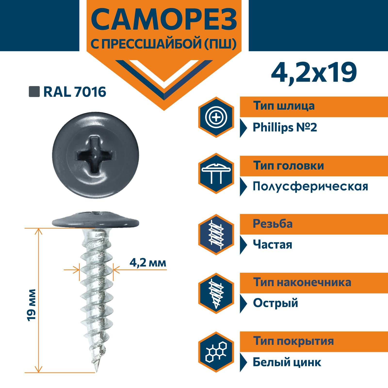 Саморез Rizzel ПШ с прессшайбой острый 4,2х19 RAL 7016 (1000 шт)