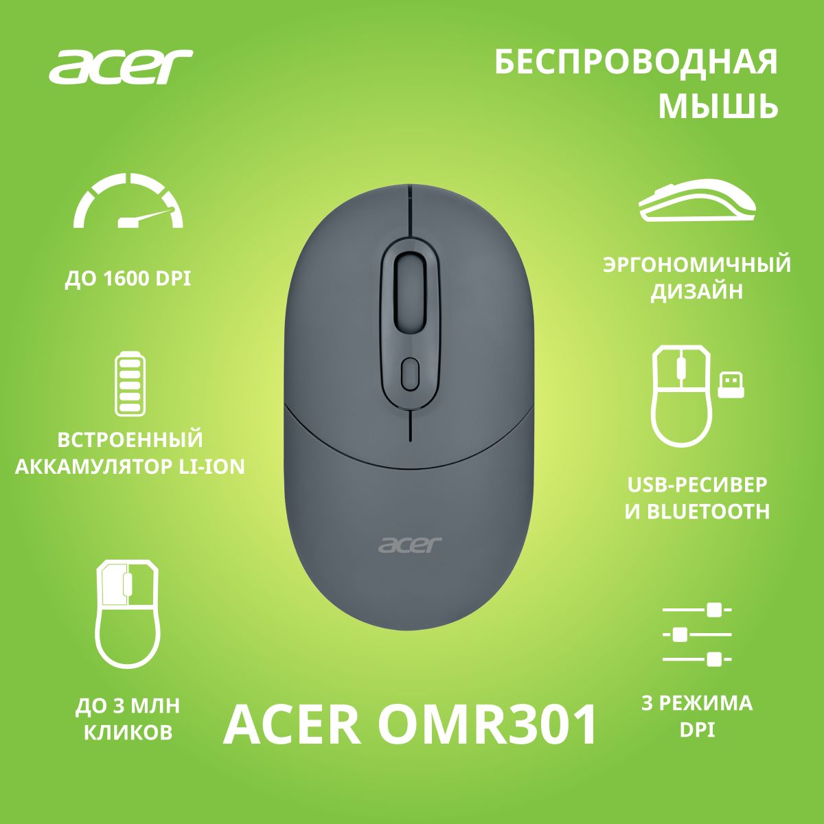 Бепроводная мышь Acer OMR301 черный (1600dpi) Bluetooth/USB (4 кнопки)