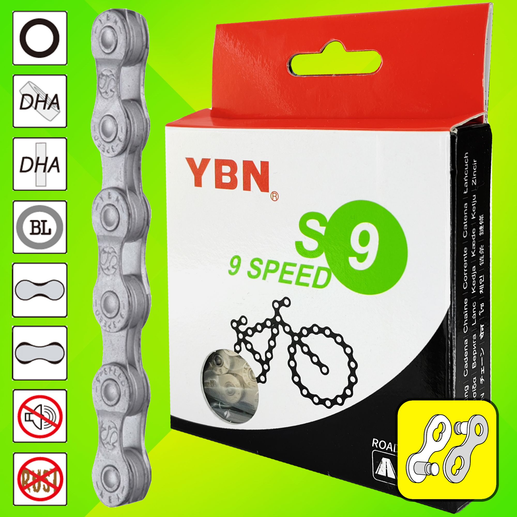 Велосипедная цепь YBN S9-RB, 1/2"x11/128", 116 звеньев, 9 скоростей, замок цепи