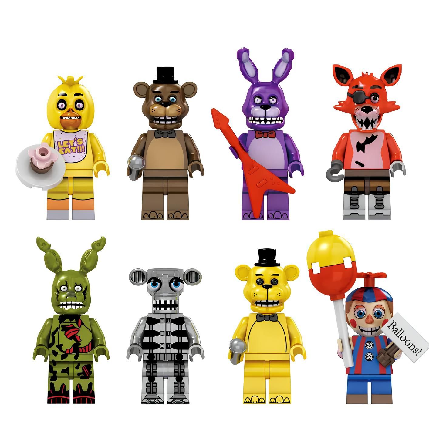 Набор минифигурок Аниматроники ФНАФ / Пять ночей у Фредди FNAF совместимы с  конструкторами лего 8шт (4.5см, пакет)