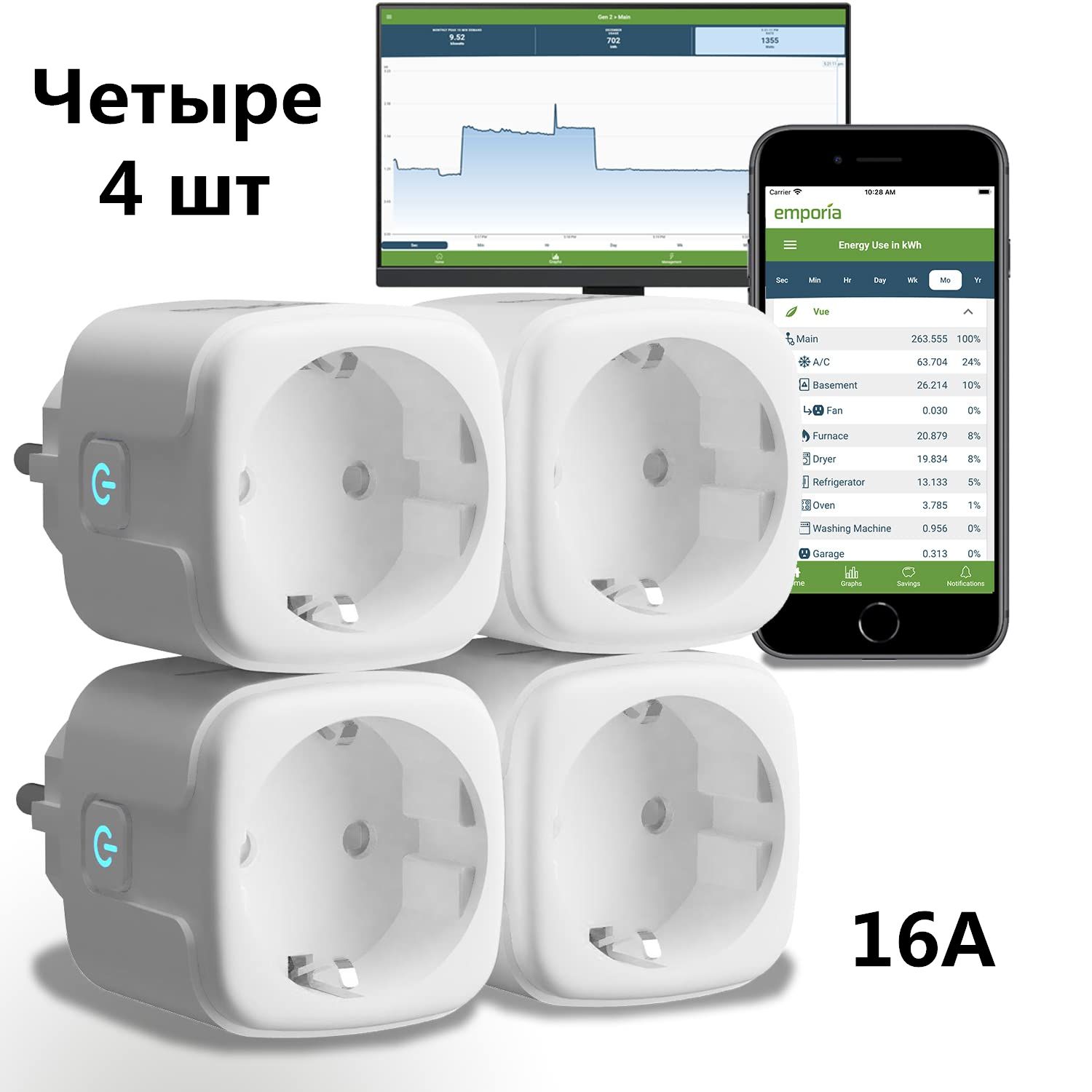 Tuya Умная розетка wifi, 16А, умный дом с алисой, Марусей, Google Assistant,розетка с таймером (4шт)